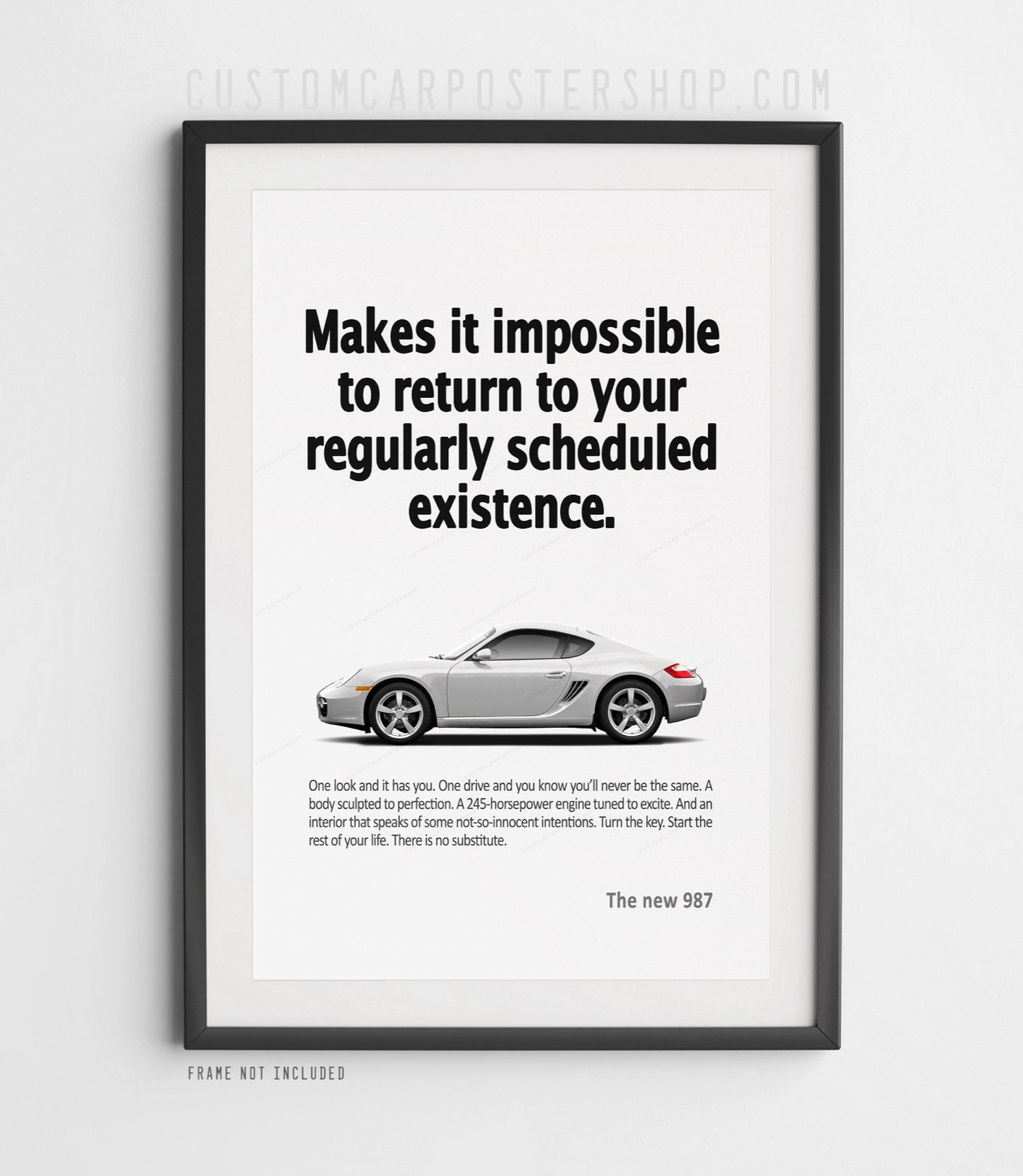 Remastered Porsche 987.1 Cayman Poster – ‘Scheduled Existence’ Print Ad Wall Art in Silver, 2006–2008 Cayman Garage Decor, Perfect Gift for Porsche Enthusiasts