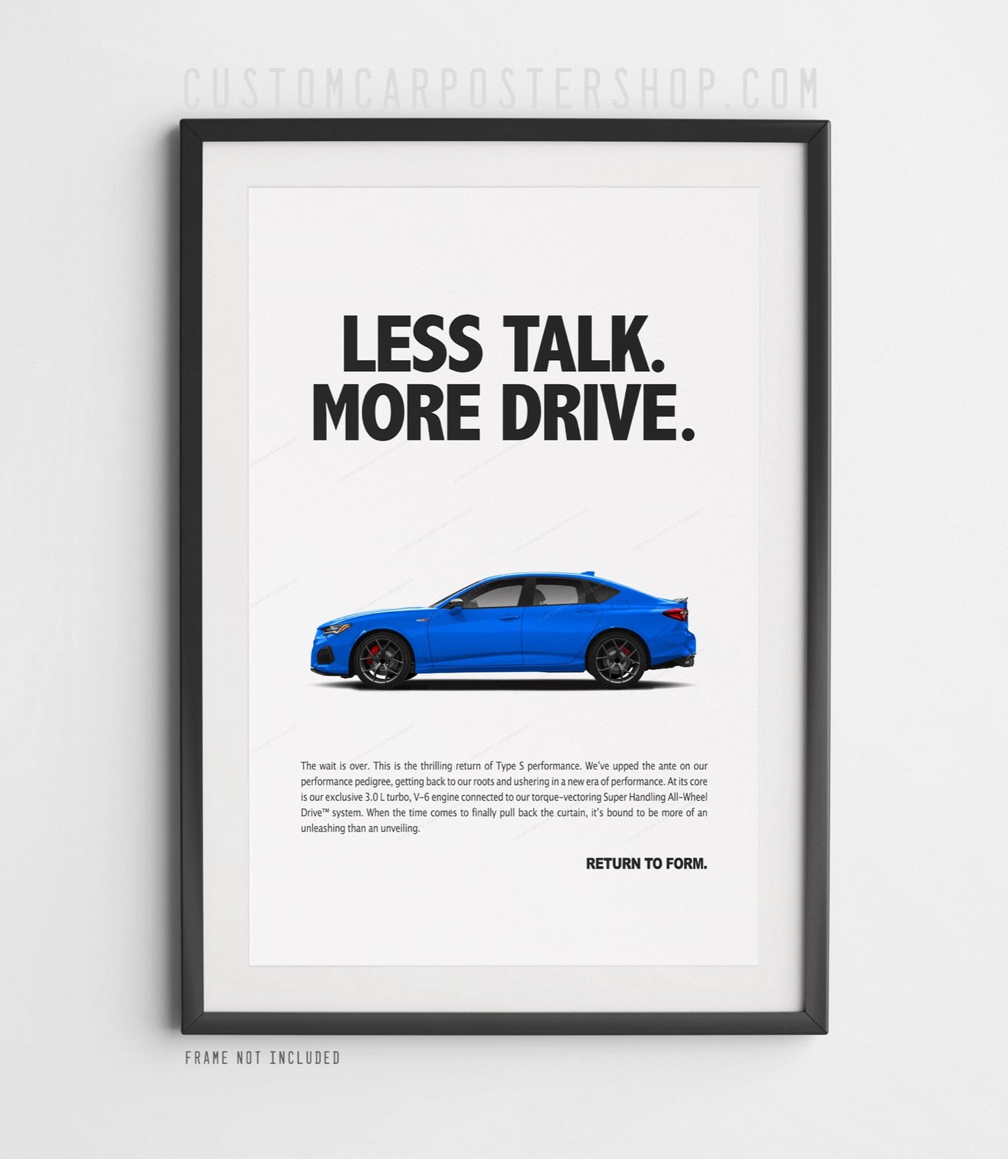 Acura TLX Type S poster in blue, modern JDM sports sedan wall art print with turbocharged V6, ideal for office, garage, or man cave decor.