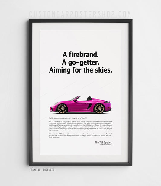 Porsche 718 Boxster Spyder “Aiming for the Skies” poster featuring top-down convertible with classic ad styling – wall art for car enthusiasts and Porsche fans
