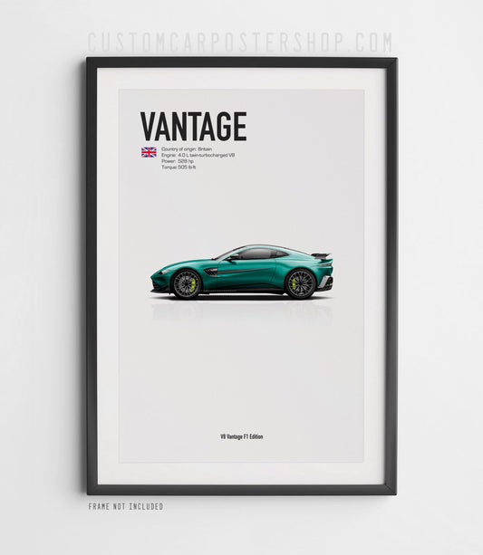 Fine art framed print of the Aston Martin V8 Vantage F1 Edition (2023) in British Racing Green side profile view.