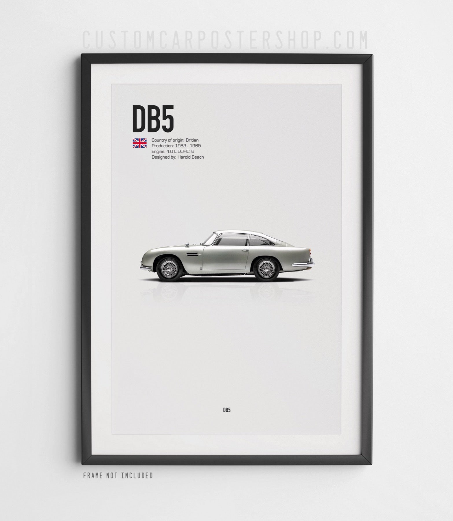 Classic Aston Martin DB5 Coupe framed print poster in signature Silver Birch.