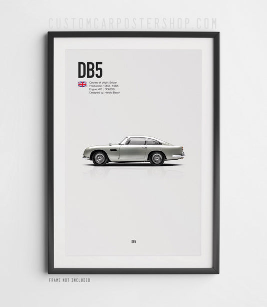 Classic Aston Martin DB5 Coupe framed print poster in signature Silver Birch.
