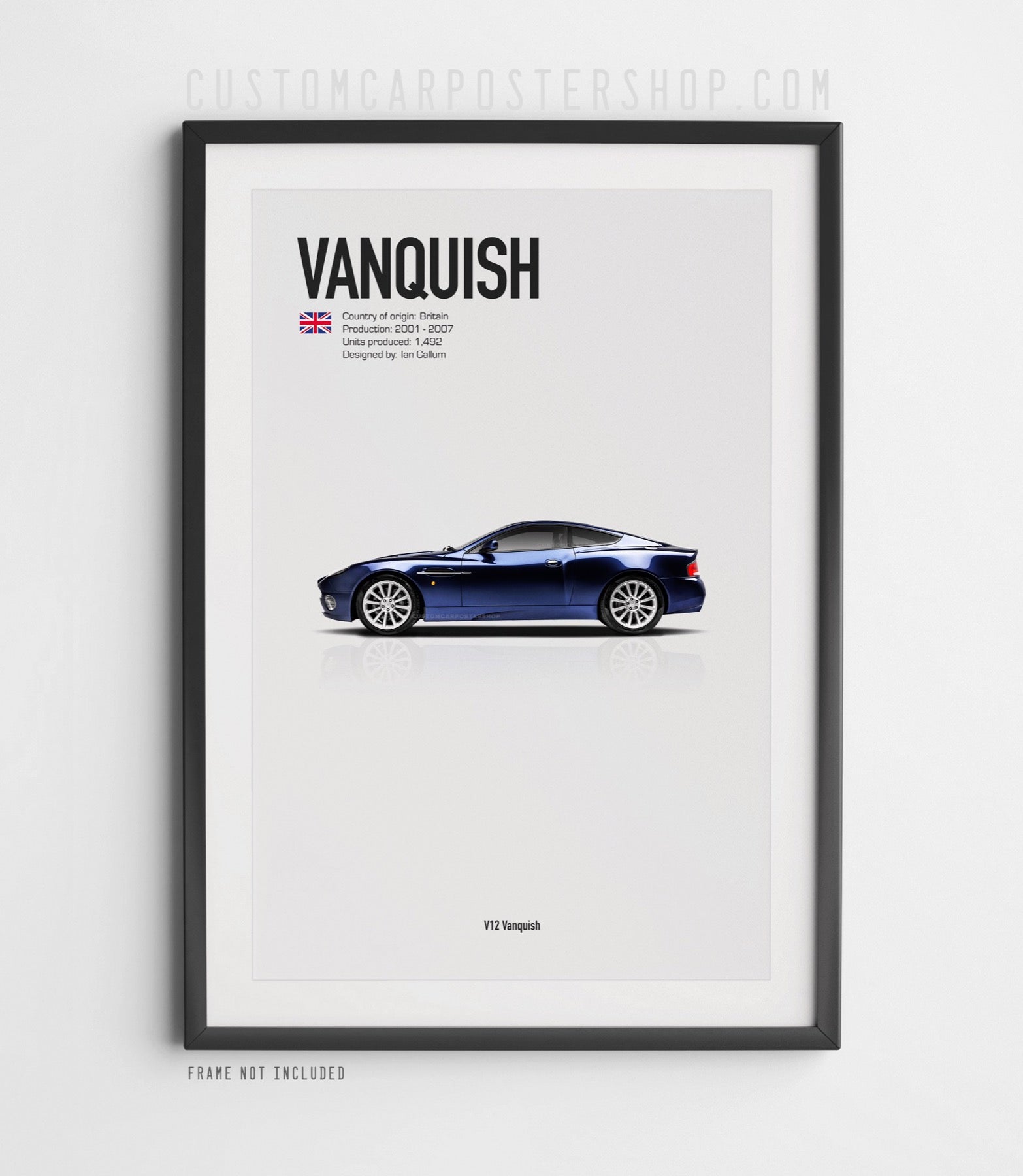 Aston Martin V12 Vanquish classic poster. Premium poster print of the iconic grand tourer made famous by James Bond Die Another Day Movie. Perfect automotive wall art for Aston Martin enthusiasts and collectors.