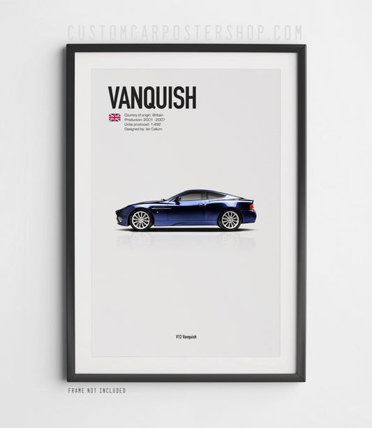 Aston Martin V12 Vanquish classic poster. Premium poster print of the iconic grand tourer made famous by James Bond Die Another Day Movie. Perfect automotive wall art for Aston Martin enthusiasts and collectors.