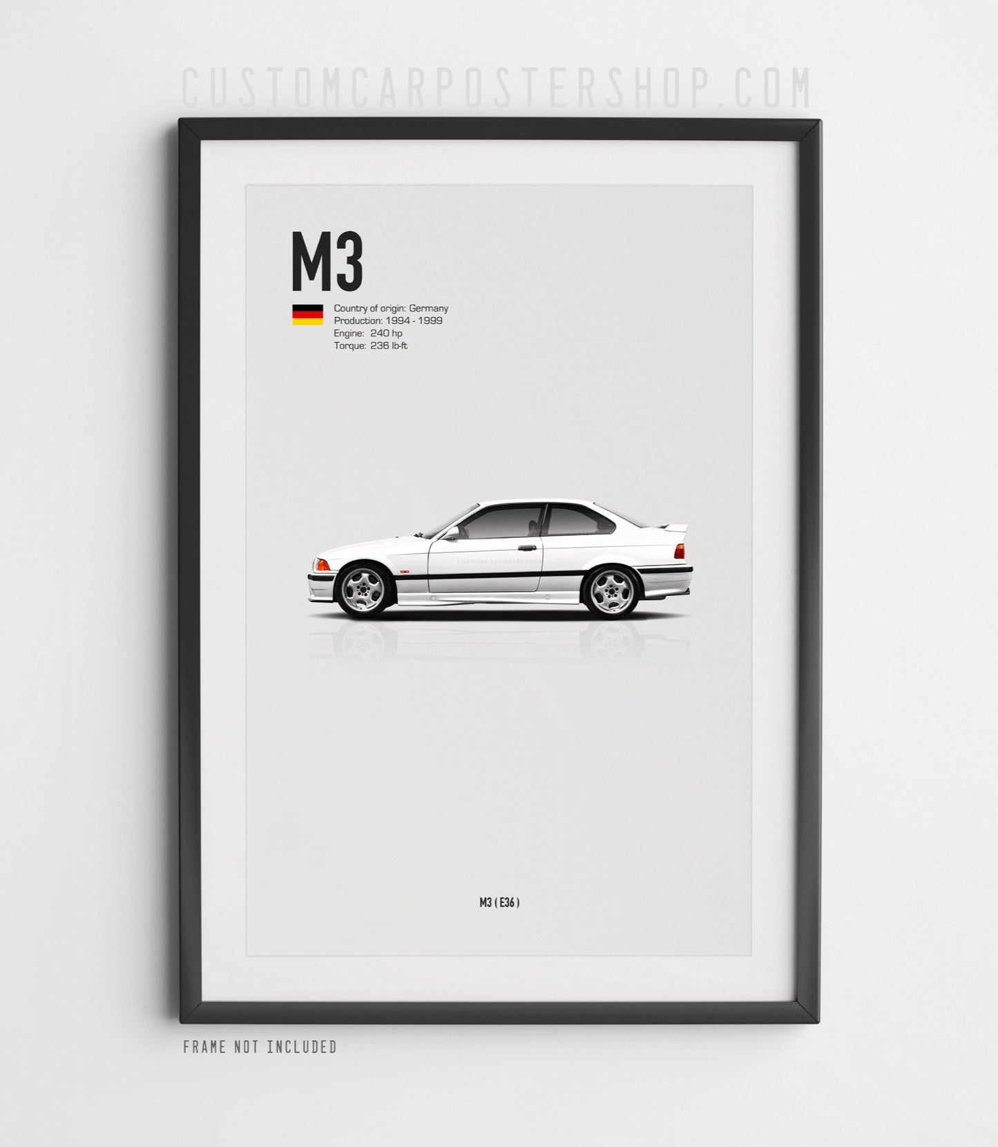 White BMW M3 E36 poster – minimalist wall art of the 1994–1999 U.S. spec M3 with 240 hp straight-six engine. Perfect collectible for BMW fans.