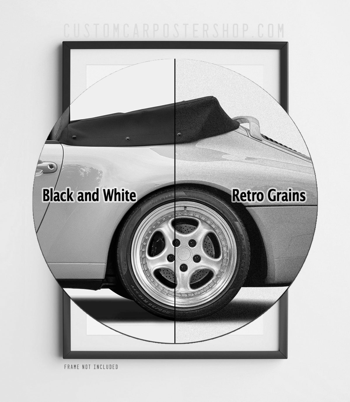 Black-and-white version of the remastered Porsche 911 Carrera Cabriolet (993) “Try not to blink” print ad featuring a Euro-spec cabriolet.