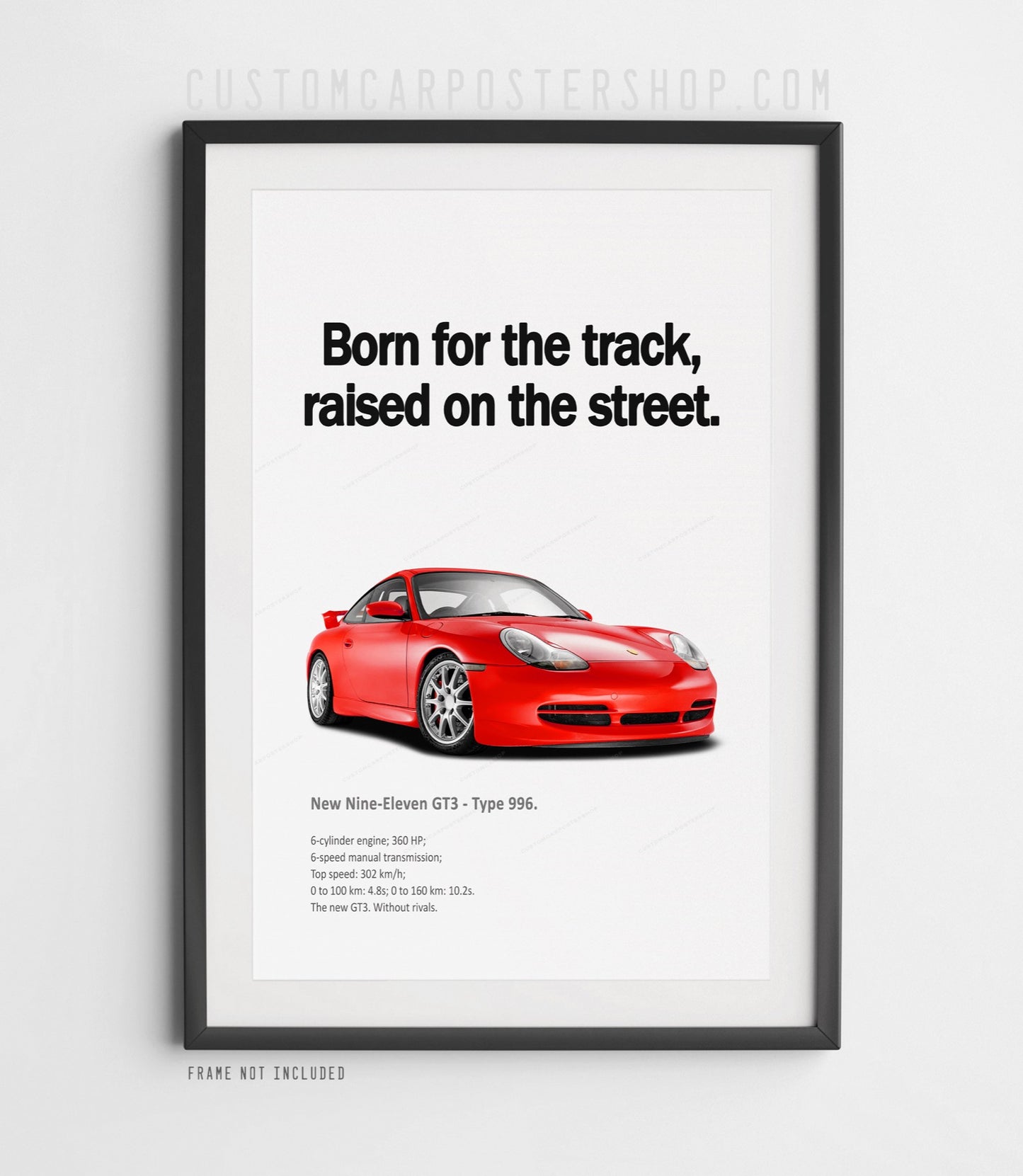 Porsche 996.1 GT3 “Born for the Track” classic ad poster featuring a guards red 911 GT3 with racing specs, perfect for man cave, garage, or office wall art.
