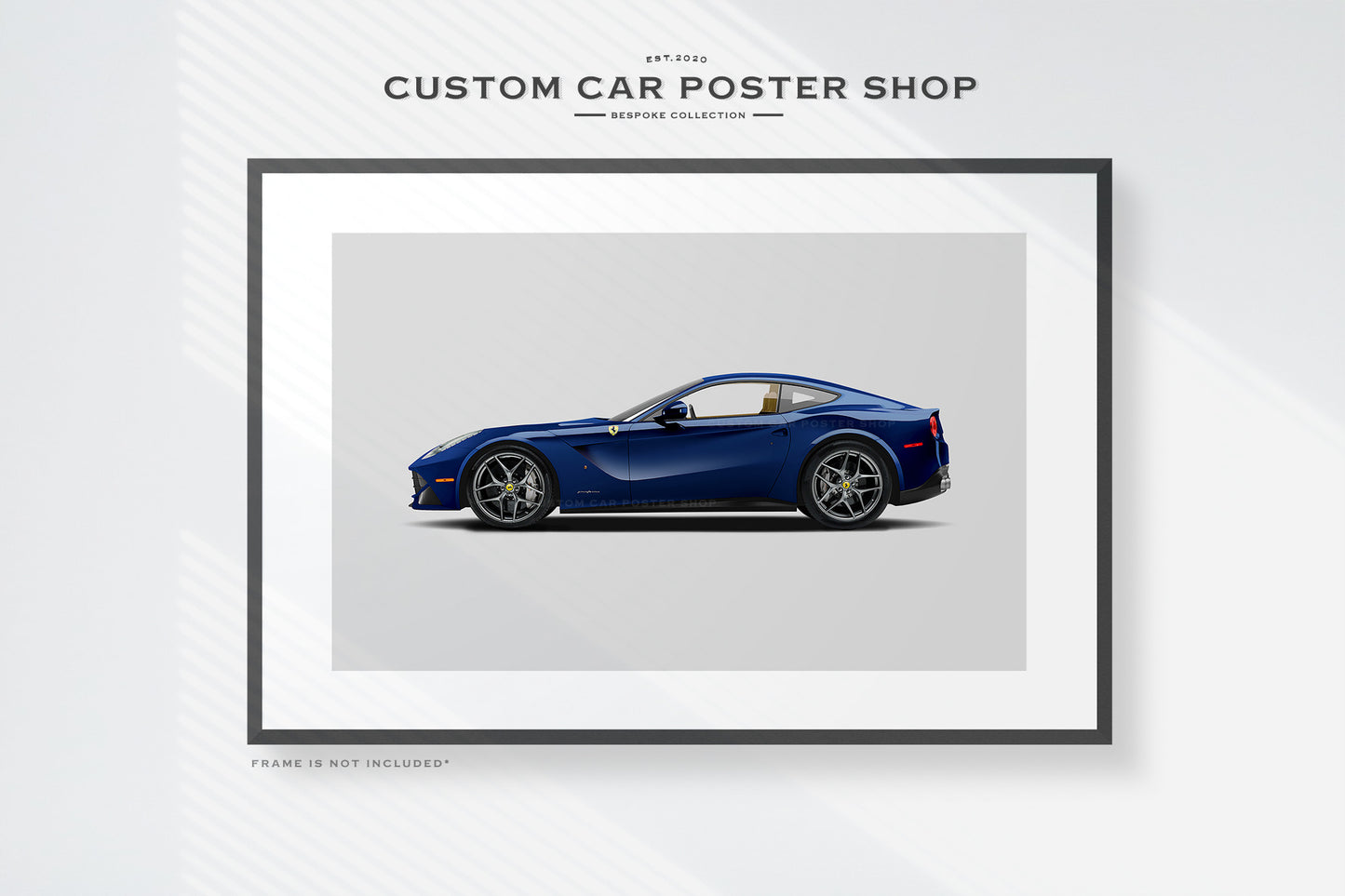 Bespoke framed Art print of the Ferrari F12berlinetta in Special ordered colour - Blu America.
