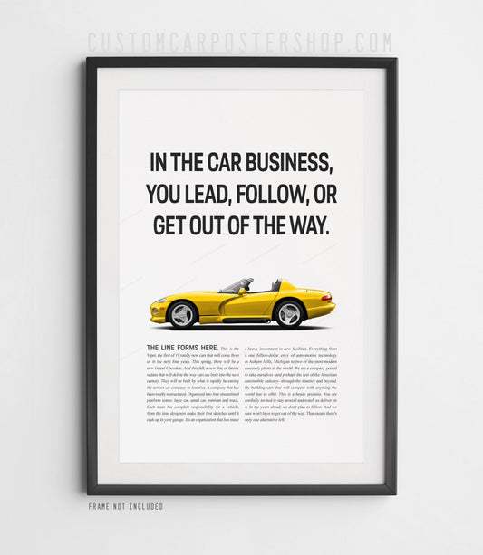 Yellow Dodge Viper RT/10 1st Gen SR I poster with classic muscle car quote – collectible wall art for garage, office, or man cave decor.