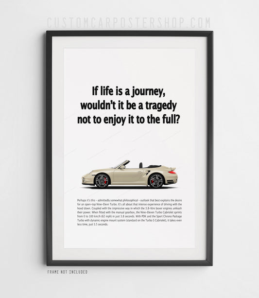 Reimagined Porsche 911 Turbo Cabriolet 997.2 “If Life is a Journey” print ad, wall art for Porsche enthusiasts, office, garage, and man cave décor.