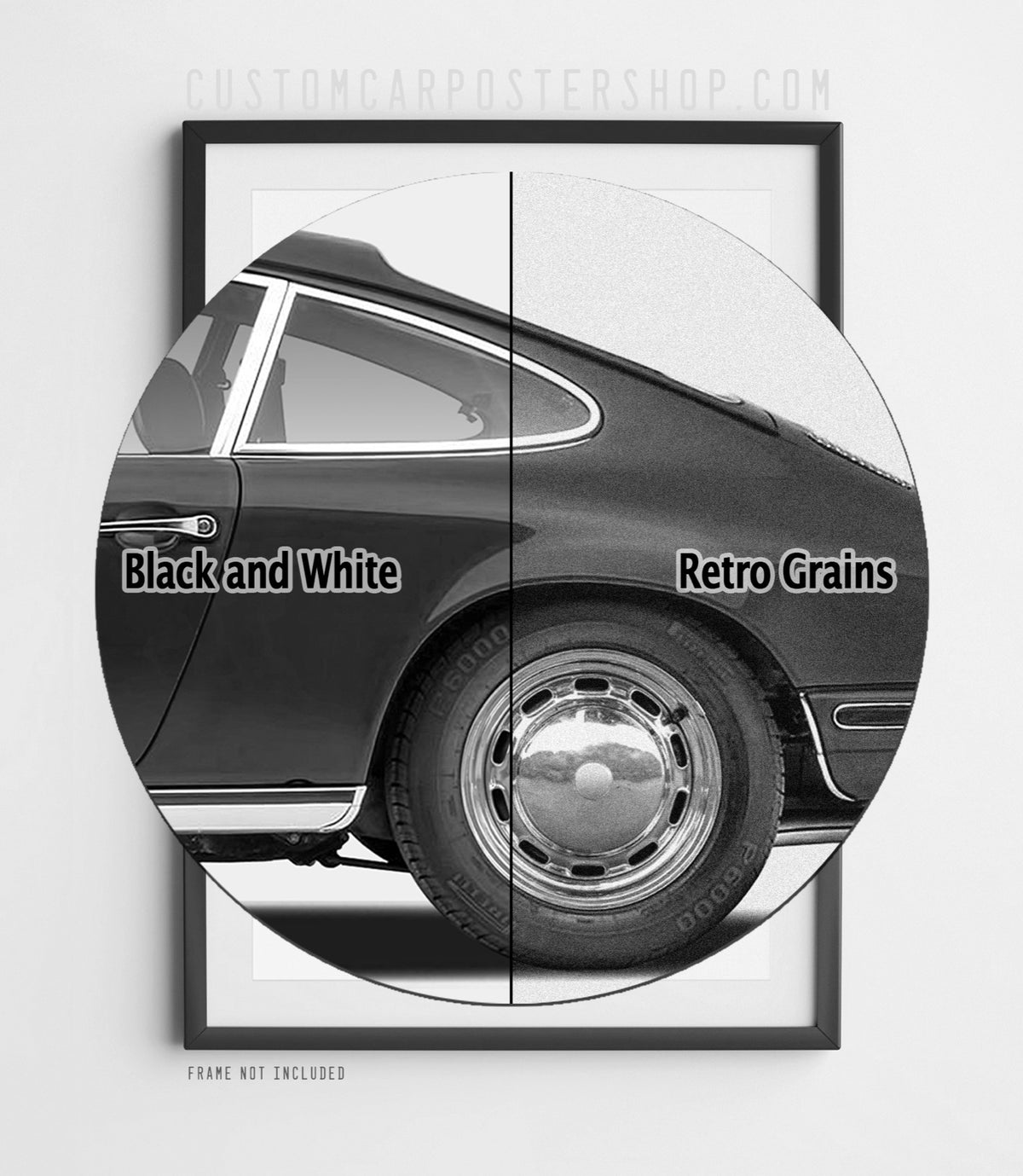 Black-and-white edition of the ‘Perhaps once in a generation’ longhood Porsche 911 print ad, car in side profile.