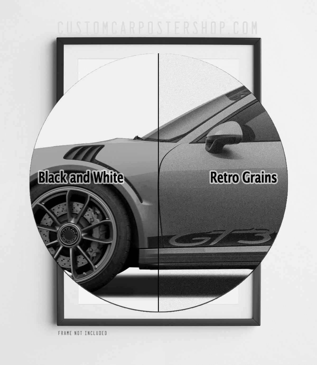 Black and white Porsche 911 GT3 RS (991) in monochrome side profile on the ‘Think Again’ retro print ad.