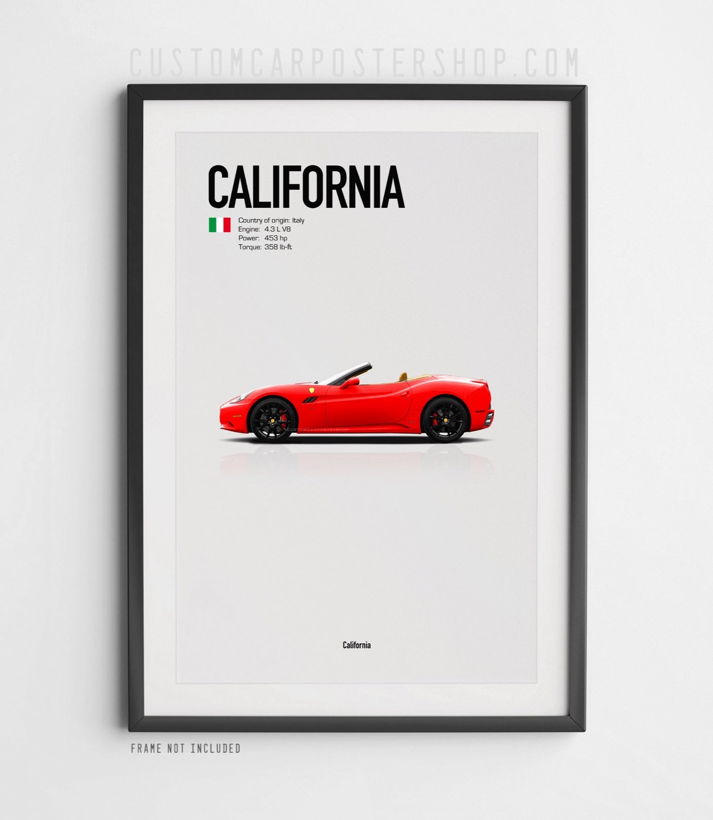 Poster of Red Ferrari California (2009–2014) convertible with customizable colors and roof options, showcasing its elegant Italian design.