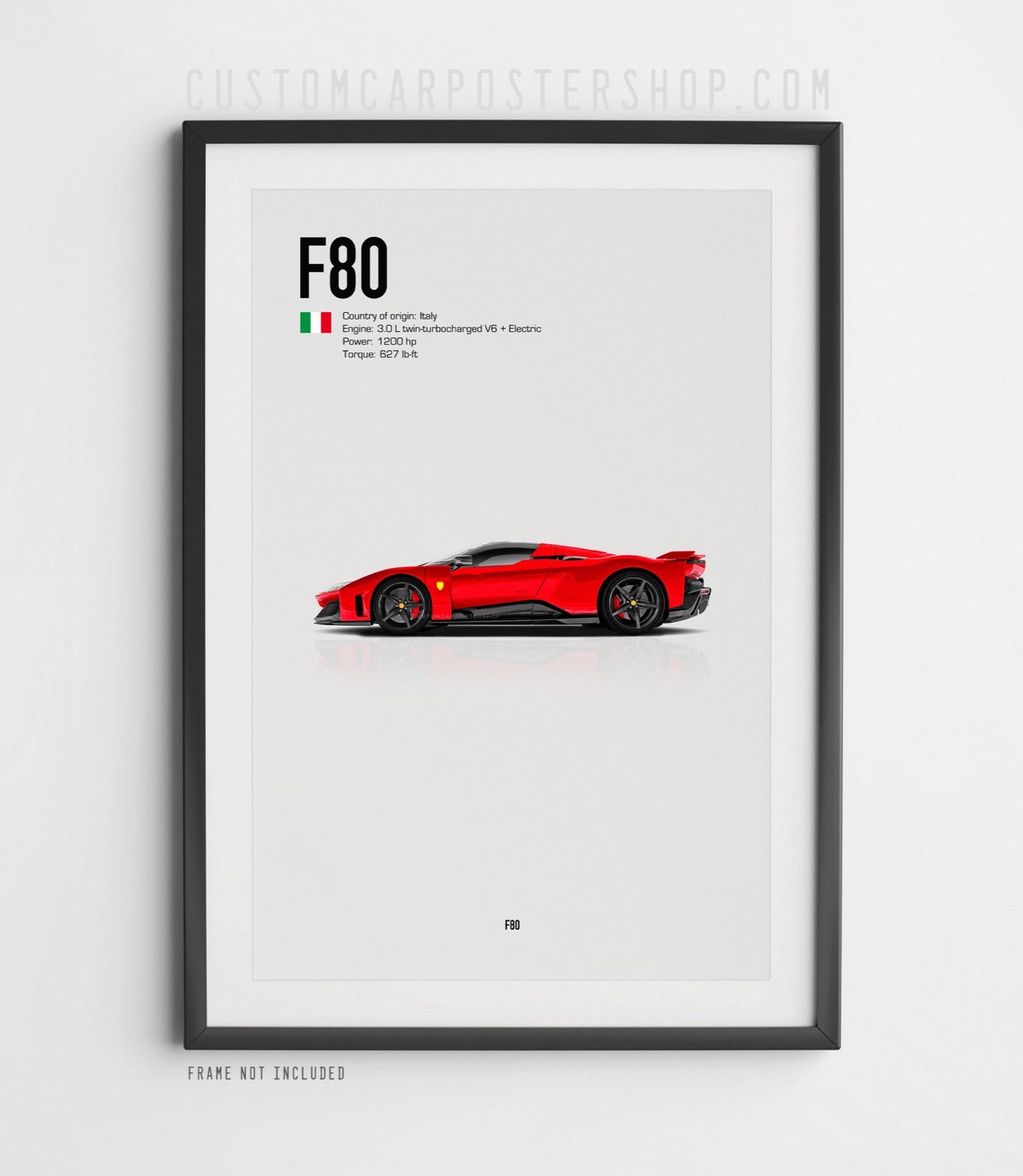 Rosso Corsa Ferrari F80 poster featuring 1200 hp hybrid hypercar design, 80th anniversary tribute print, perfect for Ferrari fans and collectors.