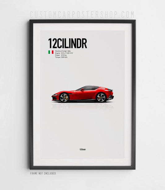 Ferrari 12Cilindri poster featuring red V12 supercar with specs, Italian flag, and minimalist design – ideal wall art for Ferrari enthusiasts and car decor lovers.