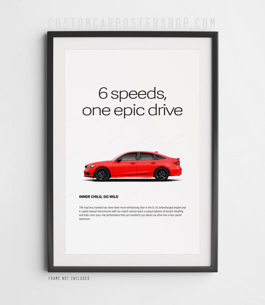Honda Civic Si 11th Gen FL red print ad poster – 6-speed manual sports sedan wall art for JDM fans, garage, or office decor.
