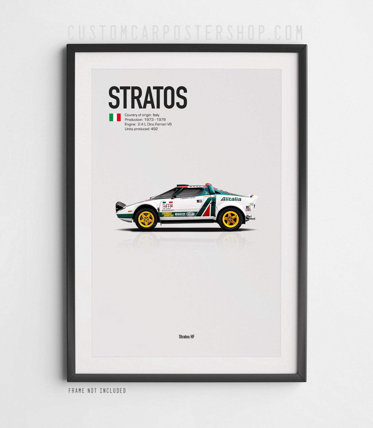 Minimalist art print of the 1975 Lancia Stratos HF in Alitalia rally livery – side profile racing car poster for WRC fans, garage, office, or home decor.
