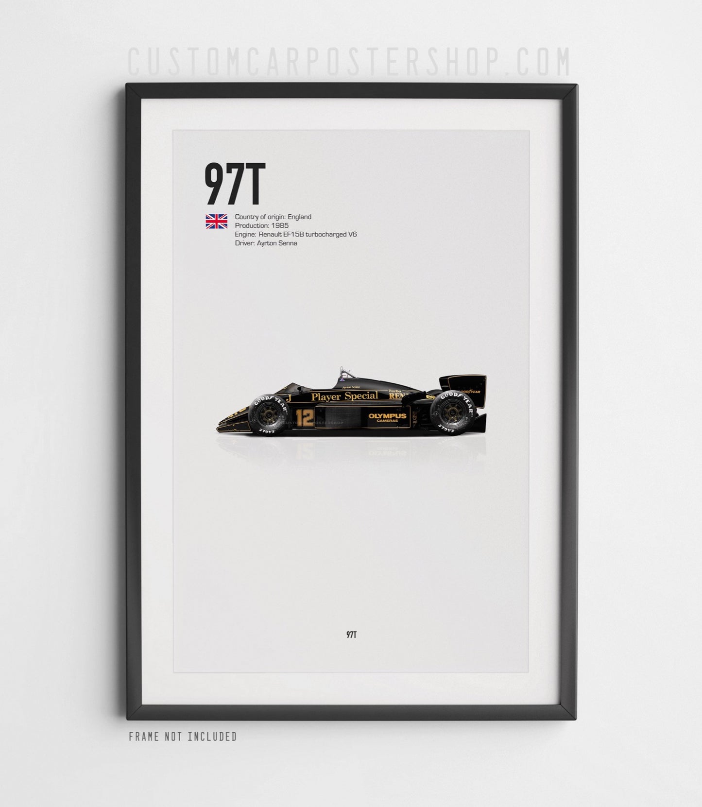 Framed poster of the 1985 Lotus 97T Formula 1 car driven by Ayrton Senna – black and gold John Player Special livery, side profile print for F1 collectors