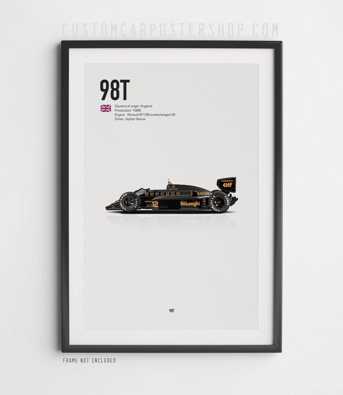 Poster of the 1986 Lotus 98T Formula 1 car driven by Ayrton Senna – side profile print in iconic black and gold John Player Special livery for F1 collectors