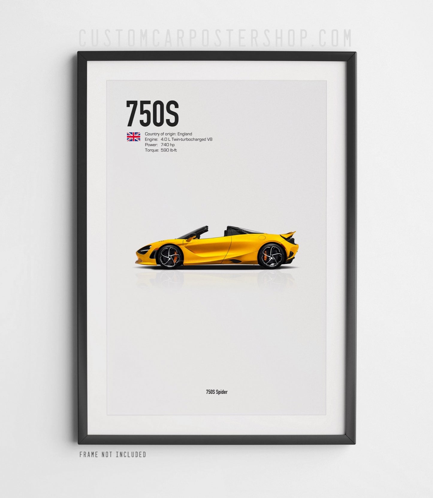 McLaren 750S Spider poster in yellow, supercar wall art print featuring twin-turbo V8 convertible design with open or closed door option.