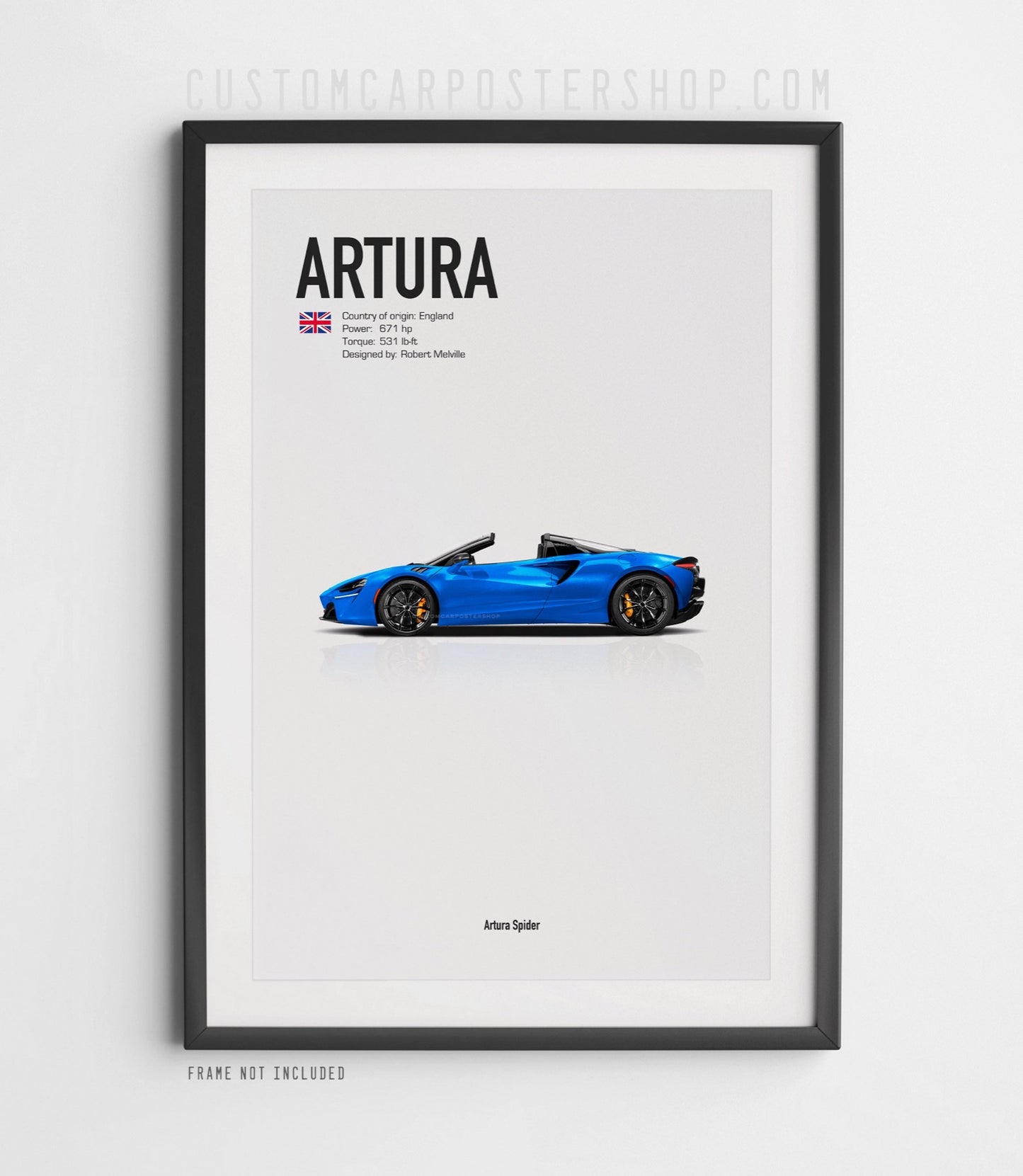 McLaren Artura Spider poster in blue, hybrid supercar wall art featuring 671 hp convertible design with customizable roof-up or roof-down option.