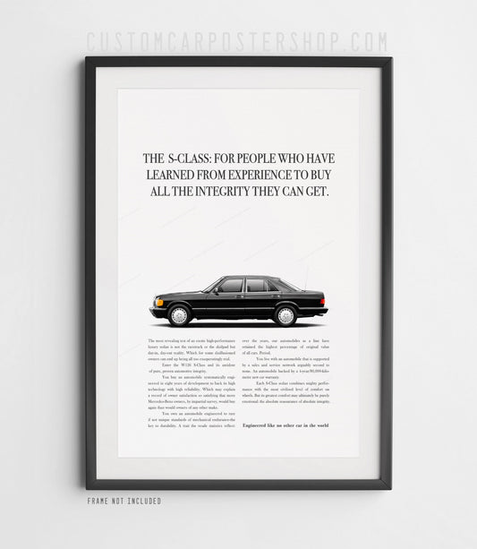 Framed Mercedes-Benz W126 S-Class "Buy Integrity" vintage magazine ad poster – photorealistic classic car wall art for man cave, garage, office, or home decor.