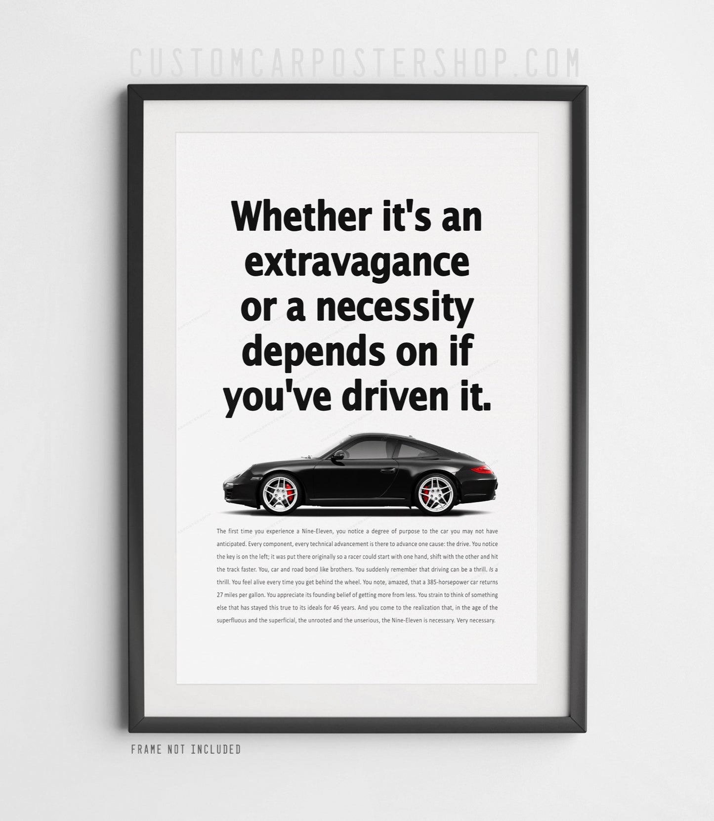 Remastered Porsche 997.2 Carrera “Whether it’s an extravagance or a necessity” print ad featuring the 997.2 Carrera in side profile view.