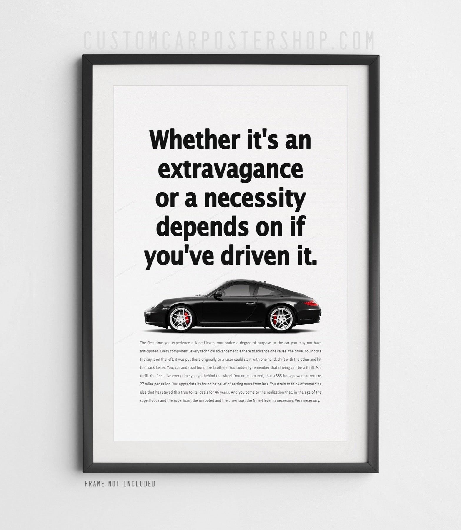 Remastered Porsche 997.2 Carrera “Whether it’s an extravagance or a necessity” print ad featuring the 997.2 Carrera in side profile view.