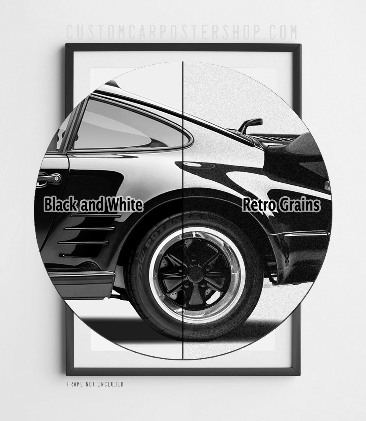 Black-and-white edition of the ‘Factory Nose Job’ Porsche 911 Turbo Slantnose (930) print ad, car in side profile.