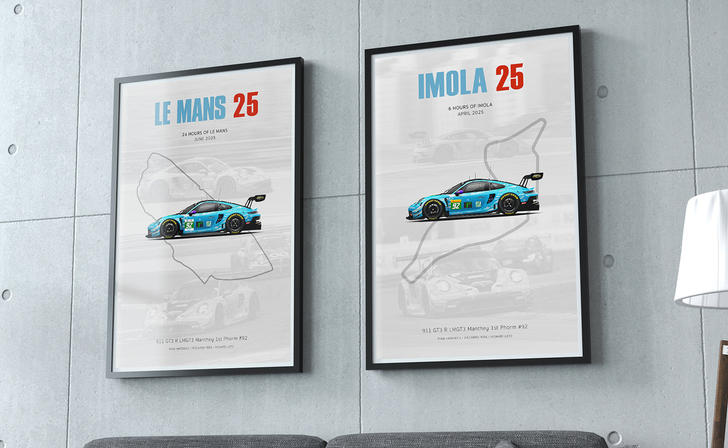 Custom art print of the 2025 Manthey 1st Phorm Porsche 911 GT3 R #92, celebrating its WEC LMGT3 class victory at Imola.