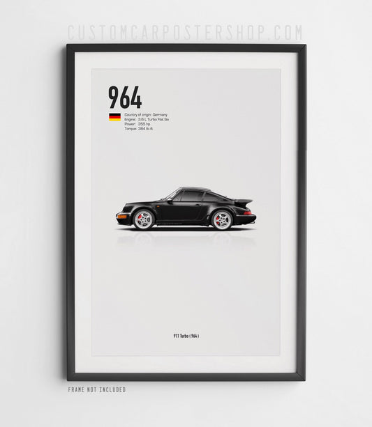 Black Porsche 964 Turbo 3.6 Litre wall art poster garage decor