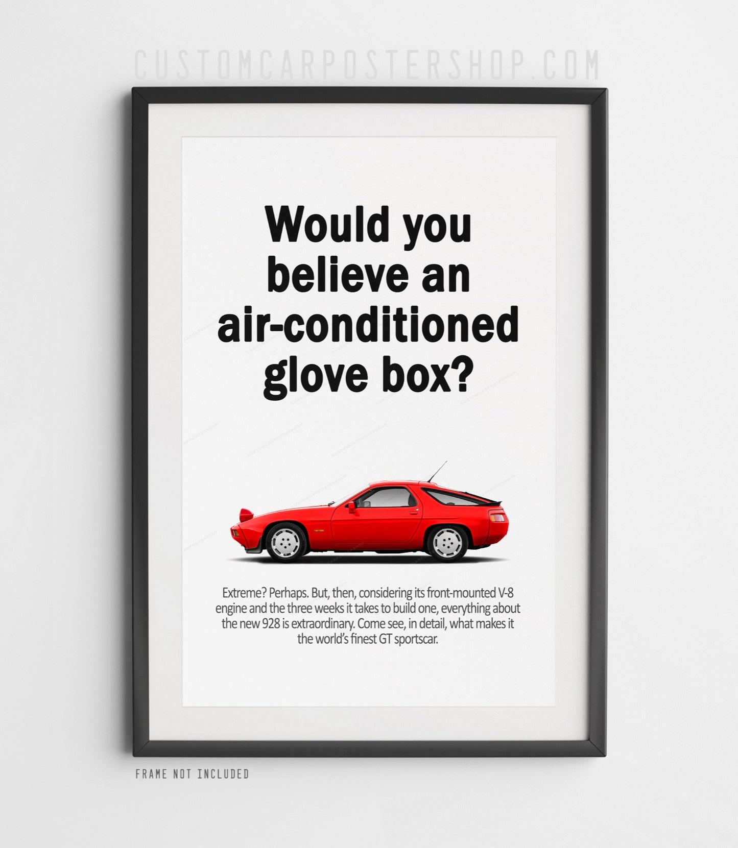 Guards Red Porsche 928 “Air Conditioned Glovebox” vintage ad poster with pop-up or closed headlights. Perfect wall art for Porsche fans, collectors, and car lovers.