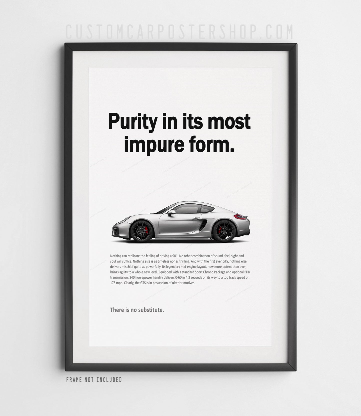 Remastered Porsche 981 Cayman GTS print ad poster with “Purity in its most impure form” quote – high-quality wall art for garage, man cave, or Porsche enthusiasts.