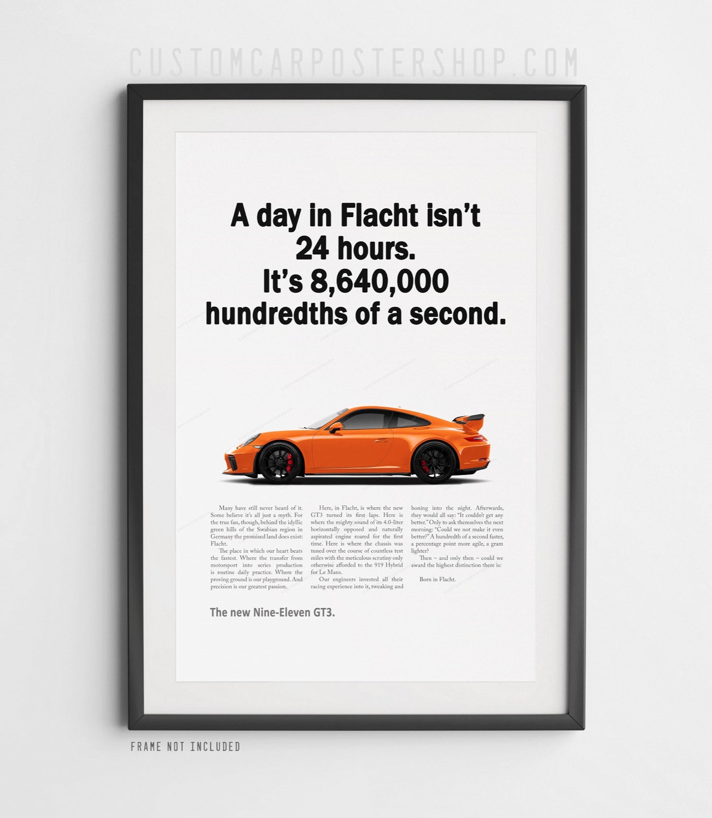 Porsche 911 GT3 991.2 “Born in Flacht” print ad poster featuring Flacht quote – minimalist wall art for Porsche fans, office or garage décor