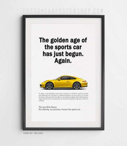 Porsche 911 Carrera 991.1 “Golden Age” print ad poster in yellow – classic Porsche sports car wall art for office, garage, or man cave decoration.