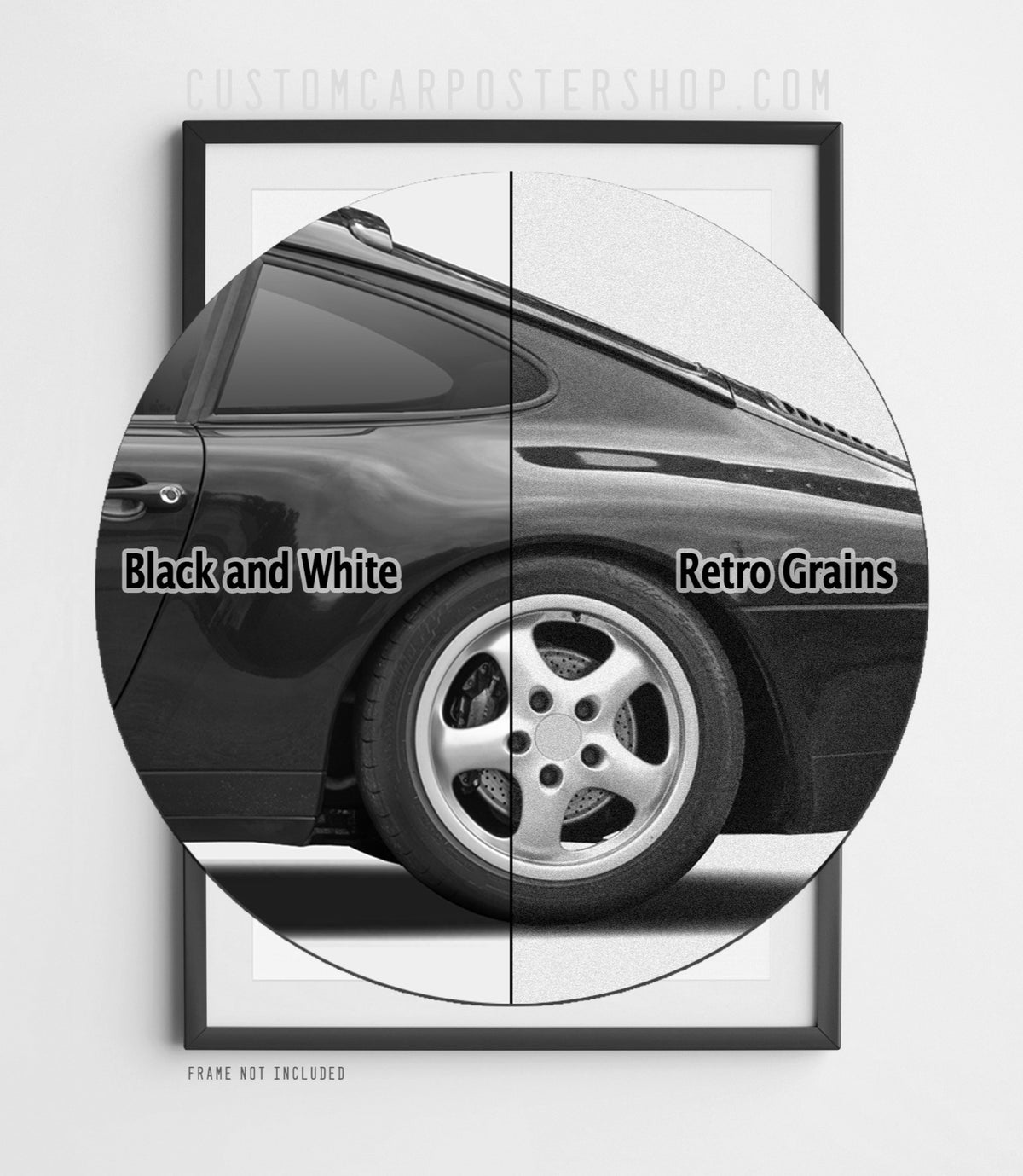 Porsche 911 Carrera (993) retro ad poster “Head Out the Window” in black and white, featuring the air-cooled 911 in side profile, shown in a black frame mock-up.