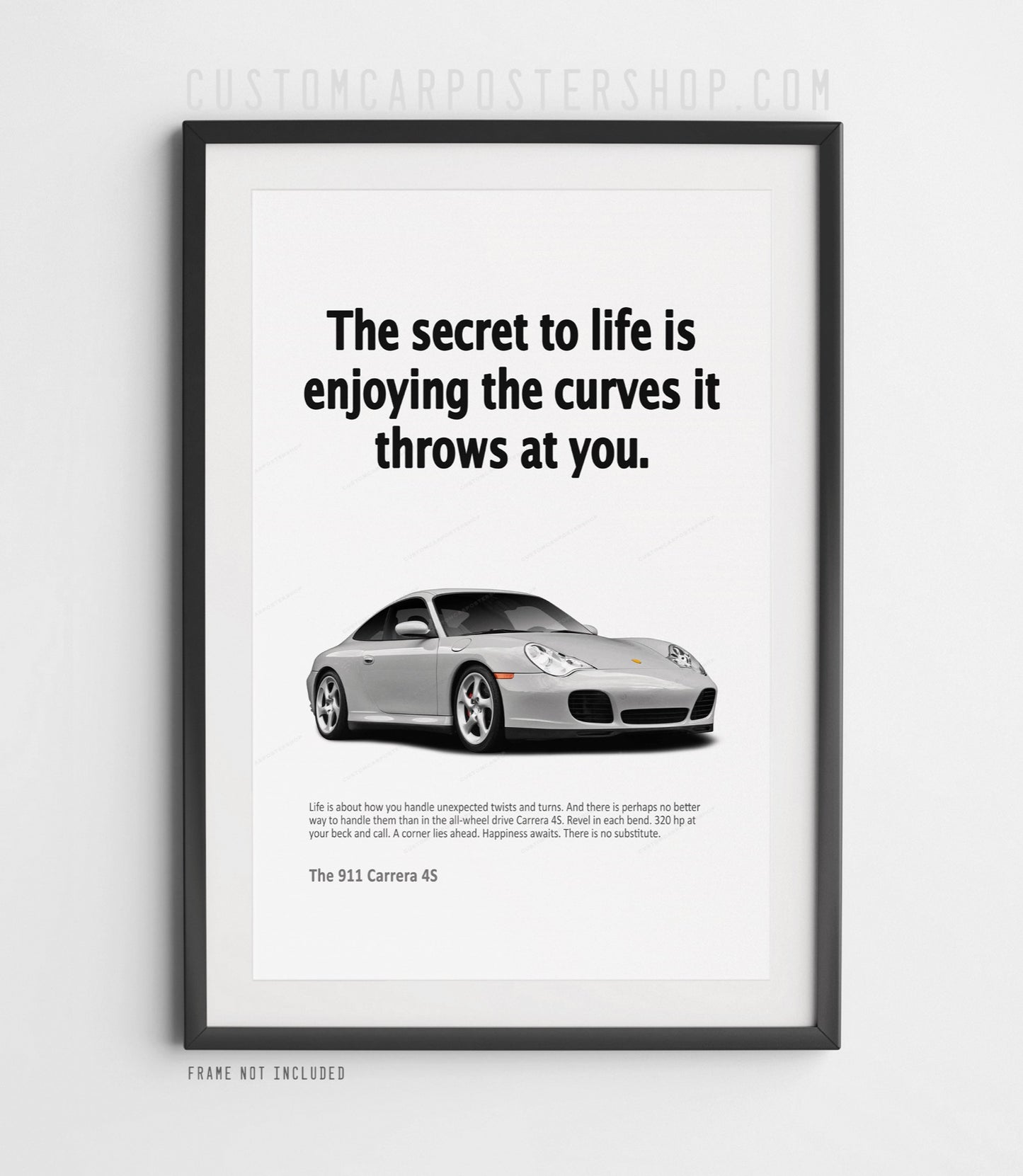 Remastered Porsche 911 Carrera 4S (996) poster – “Secret to Life” print ad featuring red 996 Coupe, ideal wall art for Porsche collectors and car lovers.
