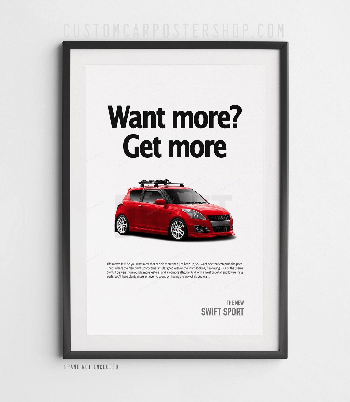 Remastered Suzuki Swift Sport JDM poster with modified 3-door hot hatch in red, lowered stance and roof rack – ideal wall art for garage, man cave, or car enthusiast office.