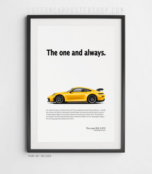"Vintage-style poster of 2025 Porsche 911 GT3 992.2 with the headline ‘The One and Always’ – 25th anniversary wall art in multiple colors."