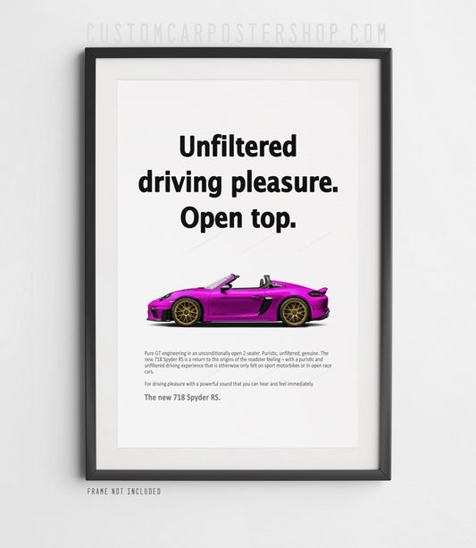 Unfiltered Pleasure - Porsche 718 Spyder RS Vintage Ad Poster in a frame