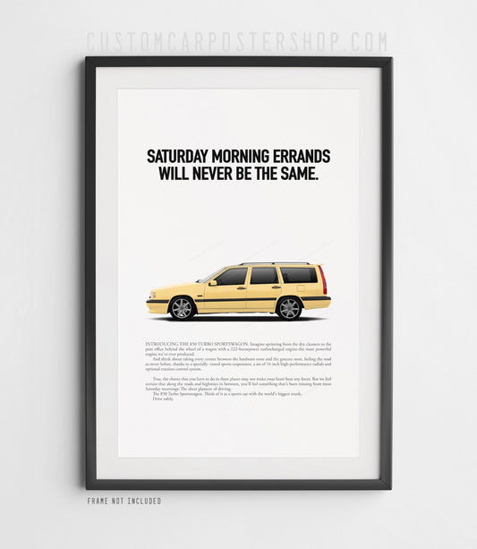 Cream-Yellow Volvo 850 R Sportswagon Poster Framed Art Gift