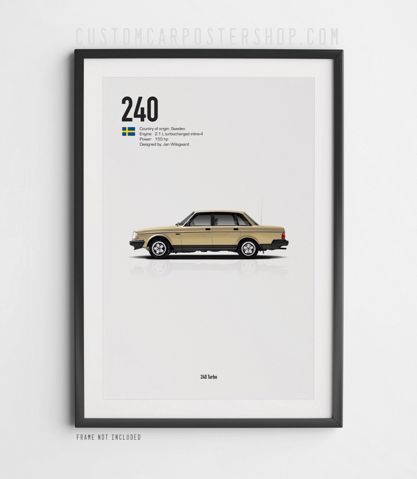 Side profile of Volvo 240 Turbo sedan poster with vehicle specs – minimalist wall art for vintage Volvo fans, garage or home decor print