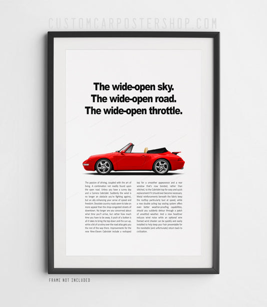 Remastered Porsche 911 Carrera Cabriolet 993 poster – classic air-cooled Porsche print ad with convertible top down, ideal wall art for car enthusiasts and collectors.