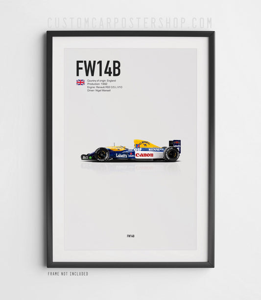 Poster of the 1992 Williams FW14B Formula 1 car driven by Nigel Mansell – side profile print featuring Renault V10 and iconic Canon livery