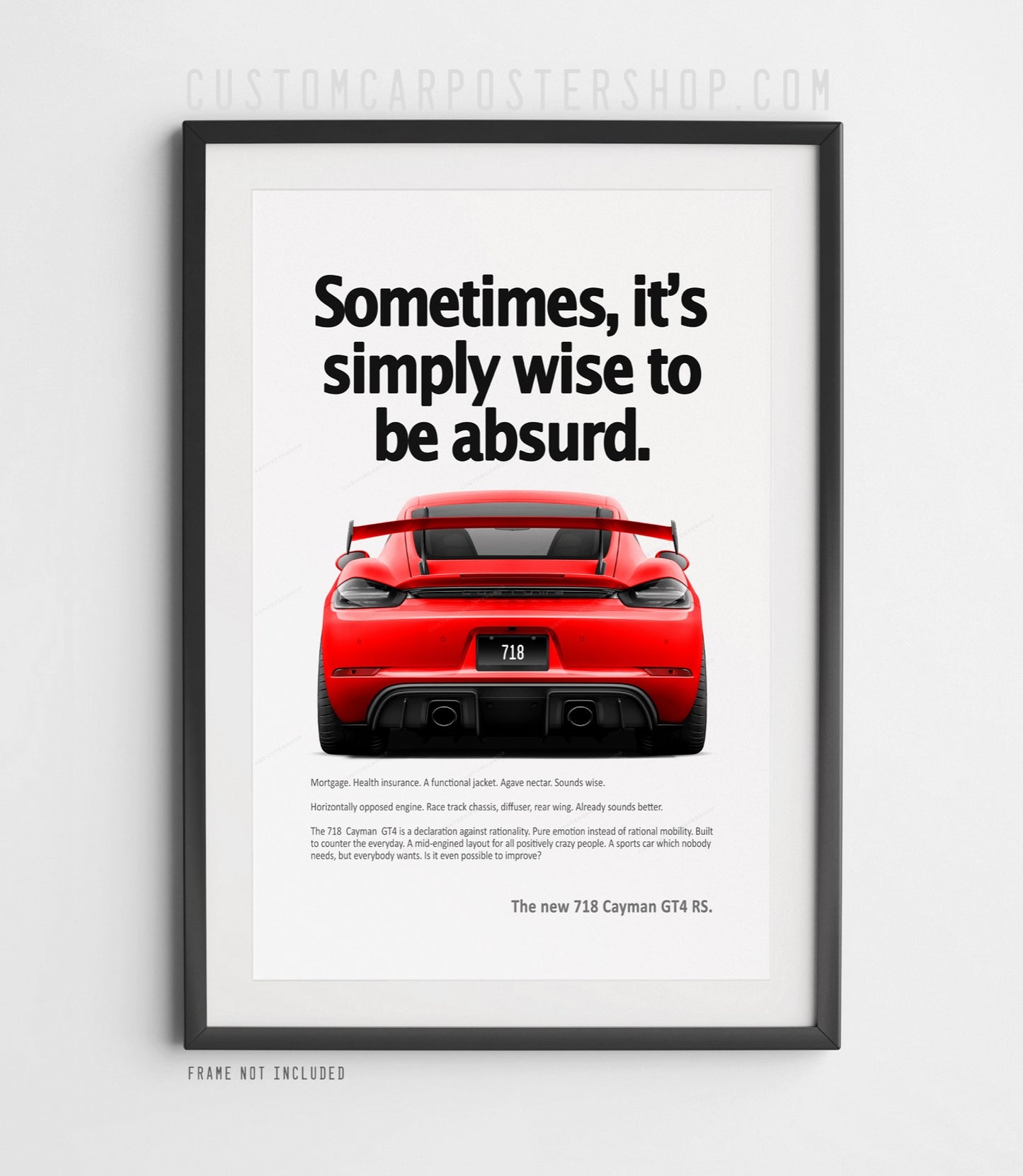Remastered Porsche 718 Cayman GT4 RS “Wise to be Absurd” poster featuring vivid blue rear view with large rear wing in classic ad style.