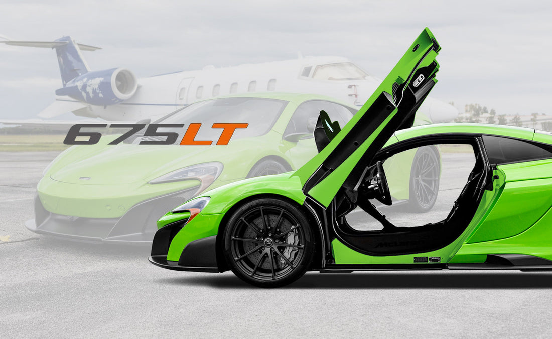 Mantis Green McLaren 675LT illustration with door open over an airfield backdrop