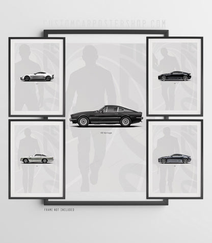 Five framed James Bond Aston Martin prints: the V8 Vantage centred, with the DB10, black DBS, DB5 and grey DBS around it