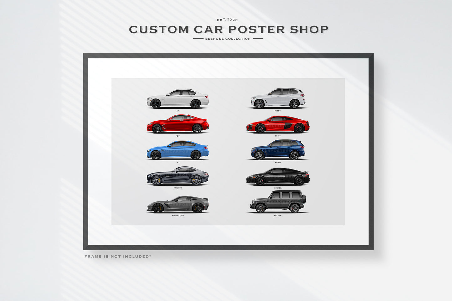 Custom 24x36 car collage print featuring BMW 550i, BMW M4, AMG GTS, Audi R8, Corvette Z06, and more — digitally illustrated automotive wall art.