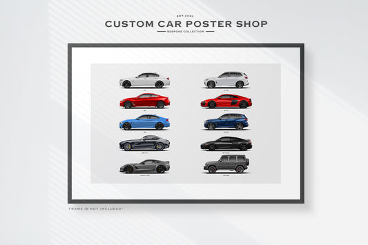 Custom 24x36 car collage print featuring BMW 550i, BMW M4, AMG GTS, Audi R8, Corvette Z06, and more — digitally illustrated automotive wall art.
