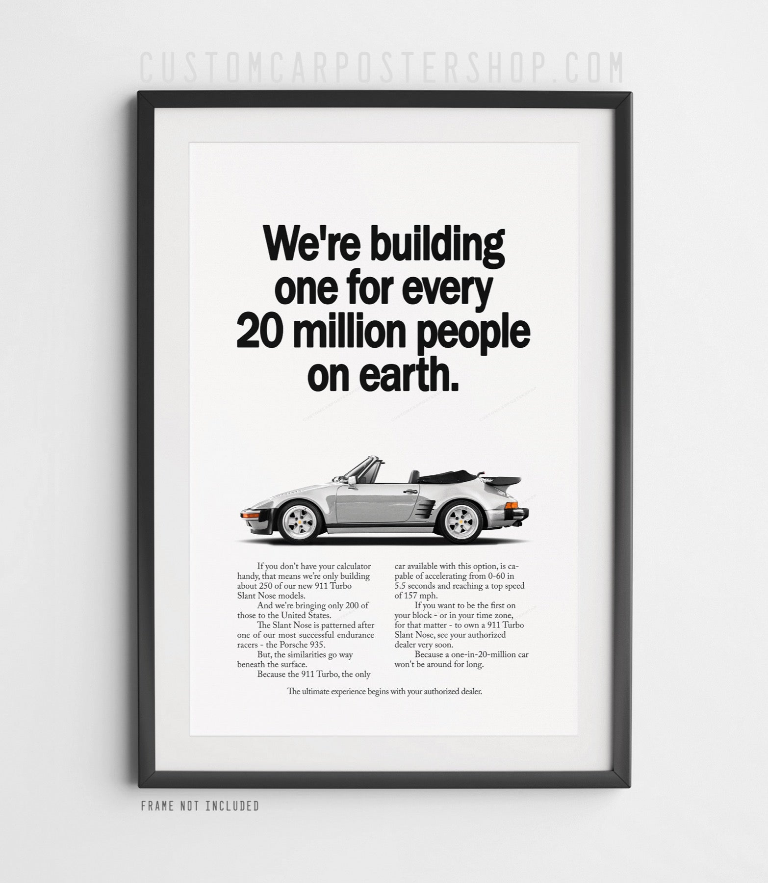 High-resolution Porsche 930 Turbo Slantnose Cabriolet poster with vintage “One in 20 Million” advertising headline.